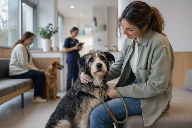 Ein Hygenhund sitzt ruhig neben seinem Besitzer im hellen Wartezimmer einer modernen Tierarztpraxis.
